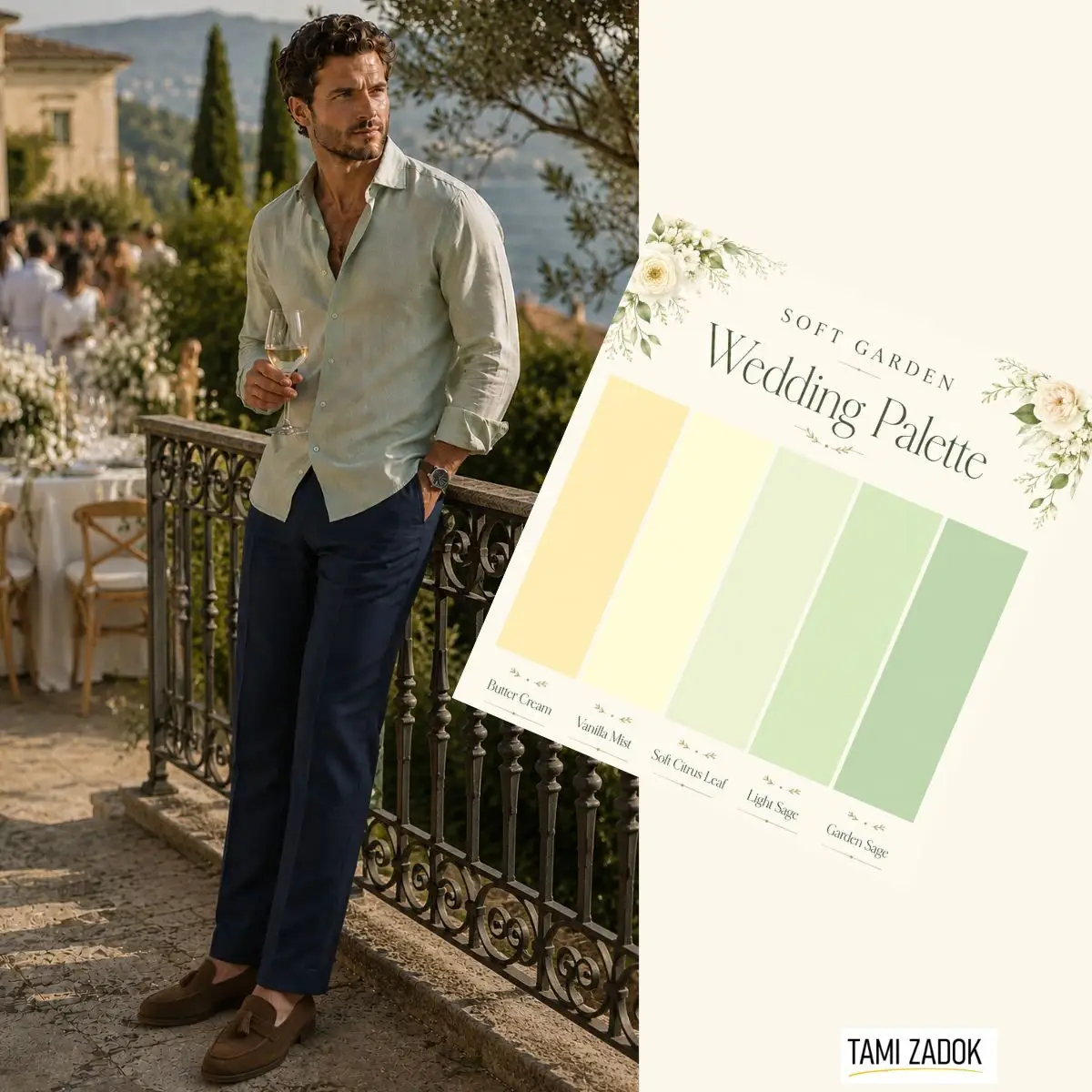 פלטת ירוק וצהוב עם בדים נושמים מפשתן וכותנה לחתונה